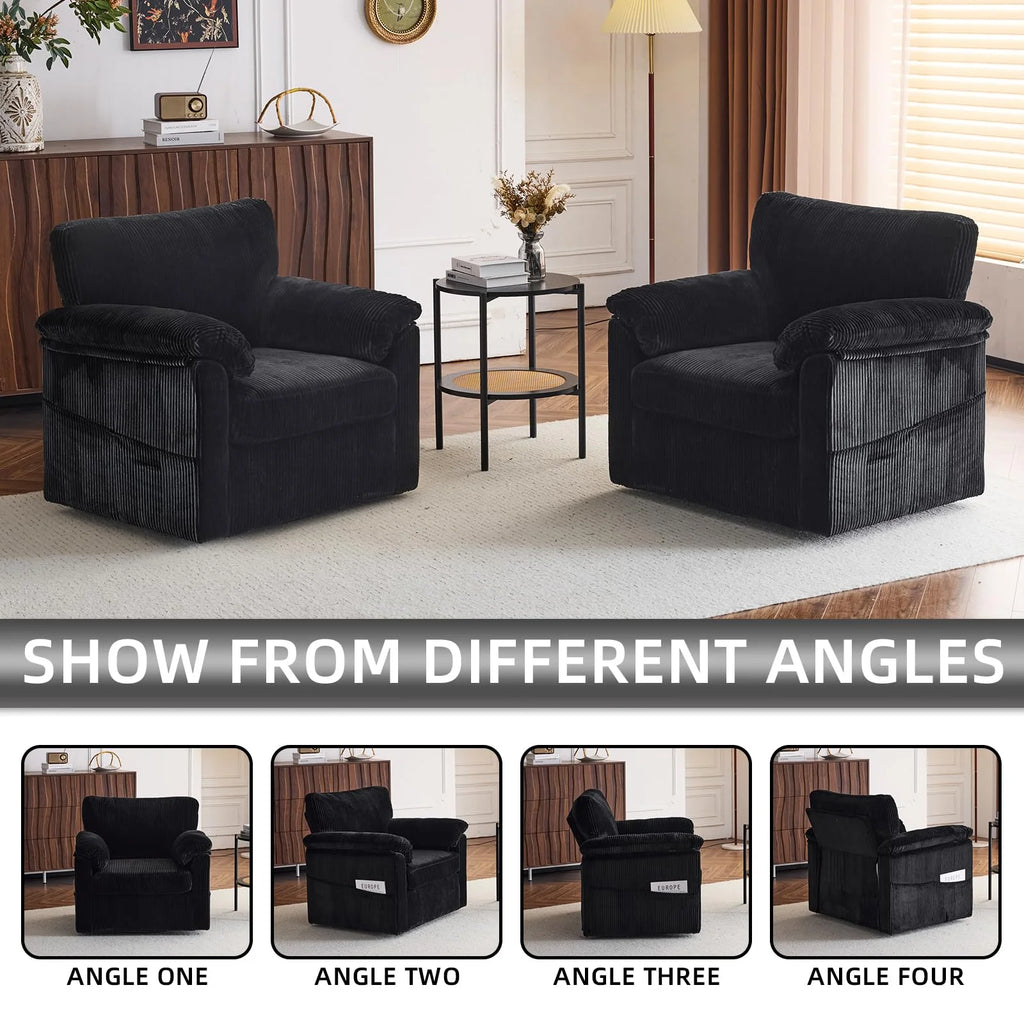 FFH 33" Oversized Swivel Accent Chair,Armchair with Side Pocket,Upholstered Corduroy Lounge Chaise Chair,Barrel Chairs,Comfy Single Sofa Chair for Living Room Reading Bedroom Office,Black