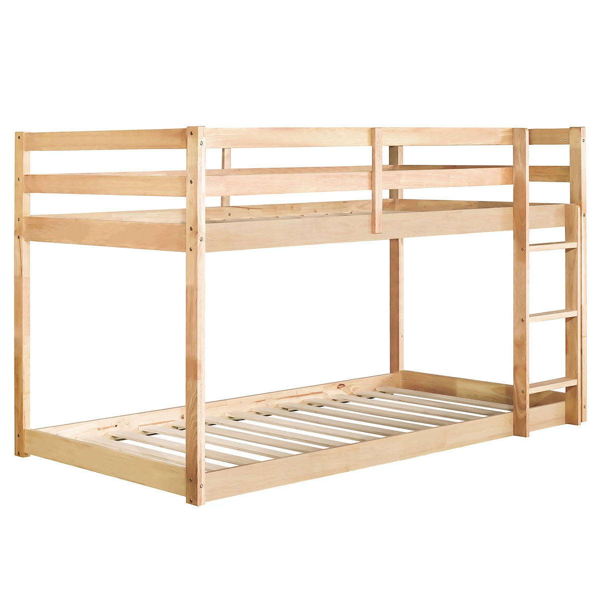 Twin Over Twin Floor Bunk Bed, UHOMEPRO Solid Wood Low Bunk Bed with Safety Rail, Ladder, Heavy Duty Bunk Beds, Space-Saving Bedroom Dorm Furniture, Gray