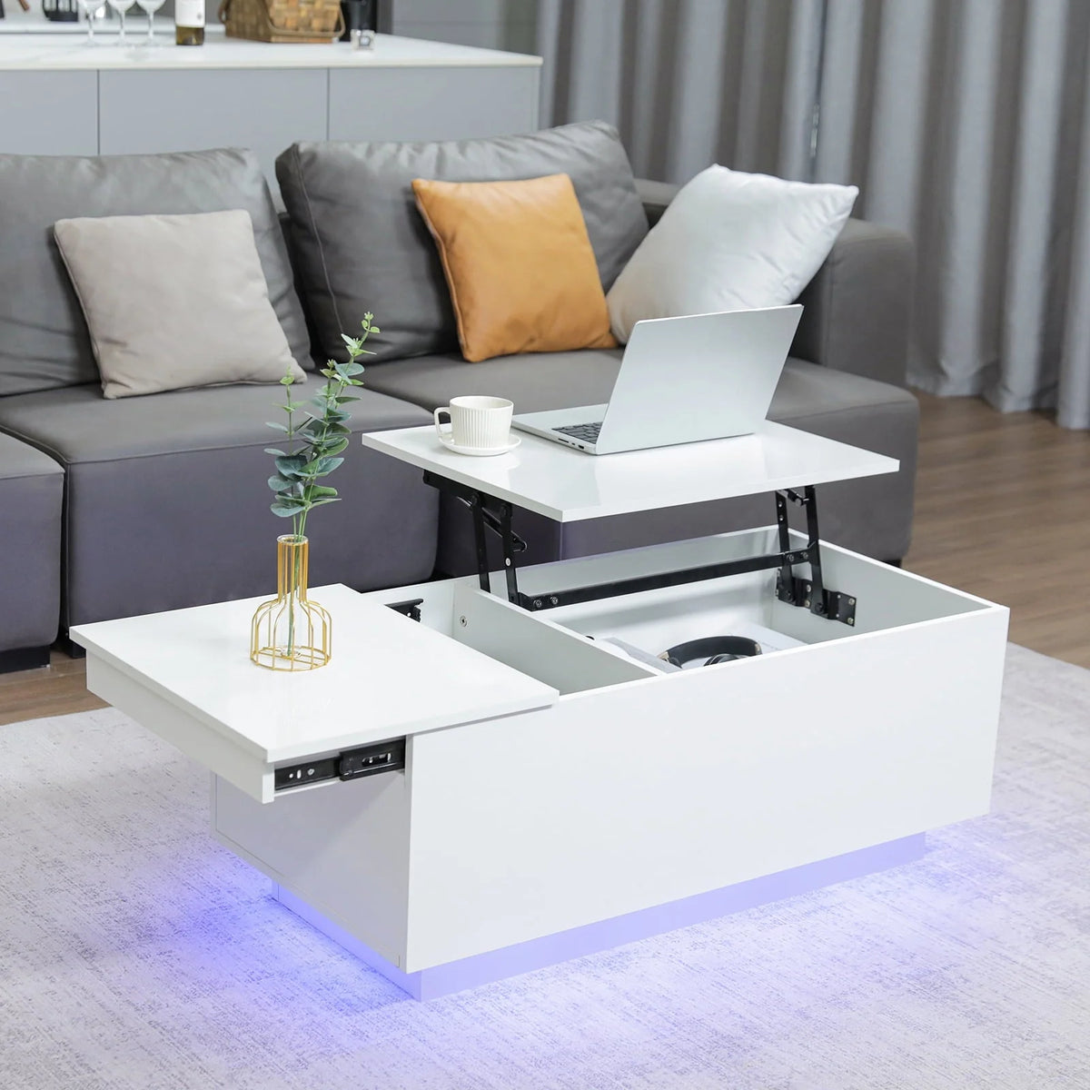 LED Coffee Table Lift Top End Table with with Charging Station and Storage Space Modern Rectangle Cocktail Tables Sofa Side Dining Table