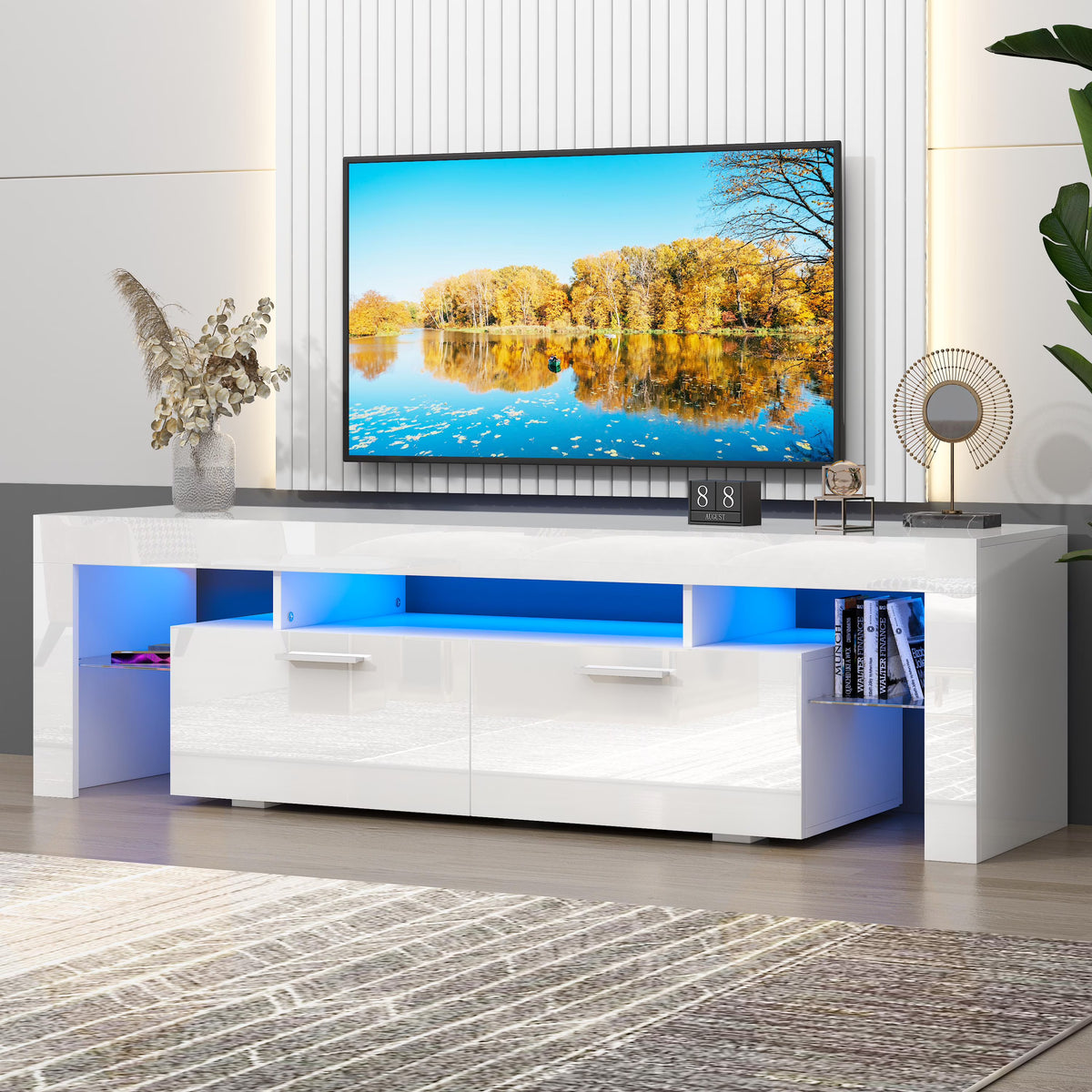 UHOMEPRO TV Stand for TV up to 70", Living Room Entertainment Center with RGB LED Lights and Storage Shelves Furniture, White High Gloss TV Cabinet Console Table