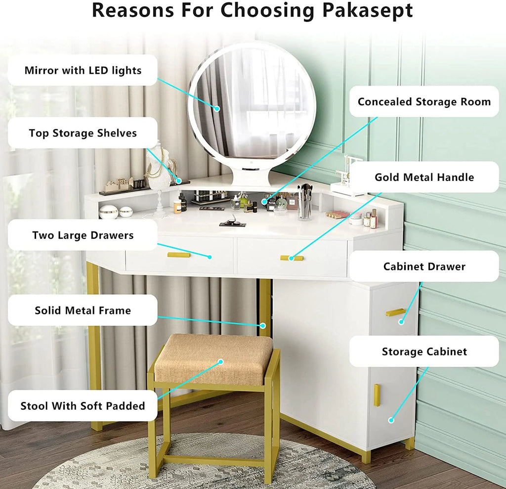 Corner Vanity Set with Lighted Mirror, Makeup Vanity Dressing Table with Drawers, Cabinet and Cushioned Stool, Girls Vanity Desk for Bathroom, Bedroom, White by TZUTOGETHER