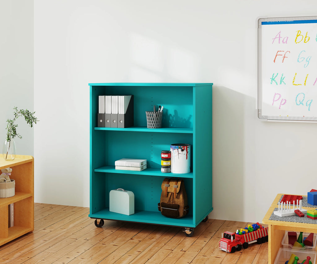 Tot Mate Open Double Sided 3 Tier Mobile Shelves Wooden Classroom Bookcase, Red, 36"W x 23"D x 48"H