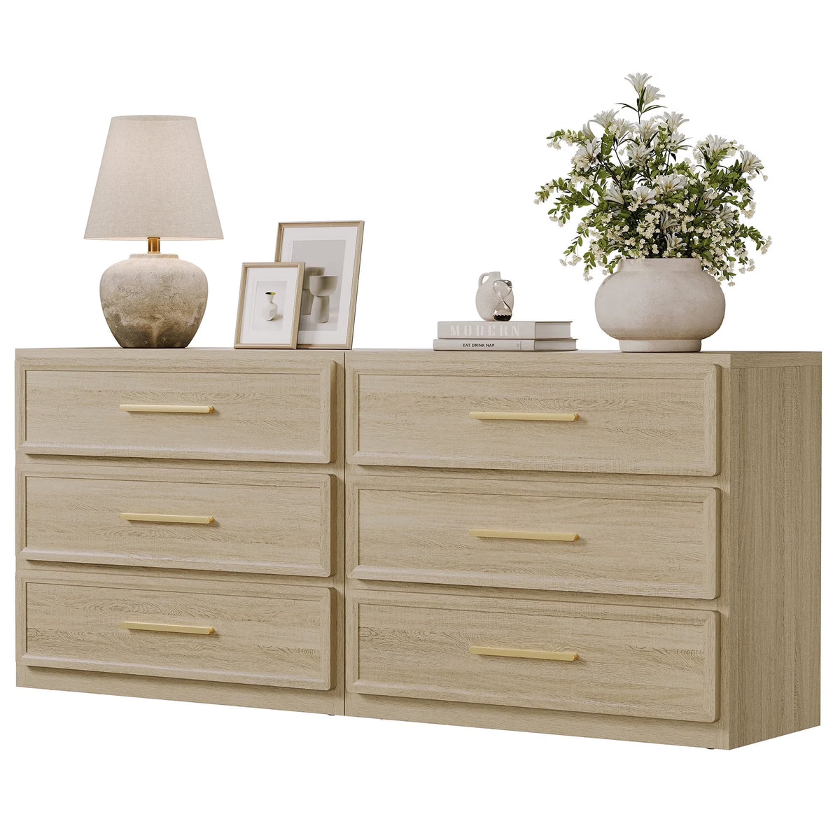 SICOTAS 31.3" W 3-Drawer Nightstand Set of 2 with Oversized Large Storage , Modern Night Stands Bedside Table with Adjustable Feet & Gold Handles for Bedroom Living Room Entryway, Light Oak