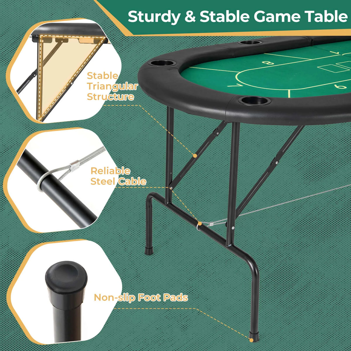 Costway 8 Players Card Board Game Table with 8 Cup Holders Casino-Grade Felt Surface Green