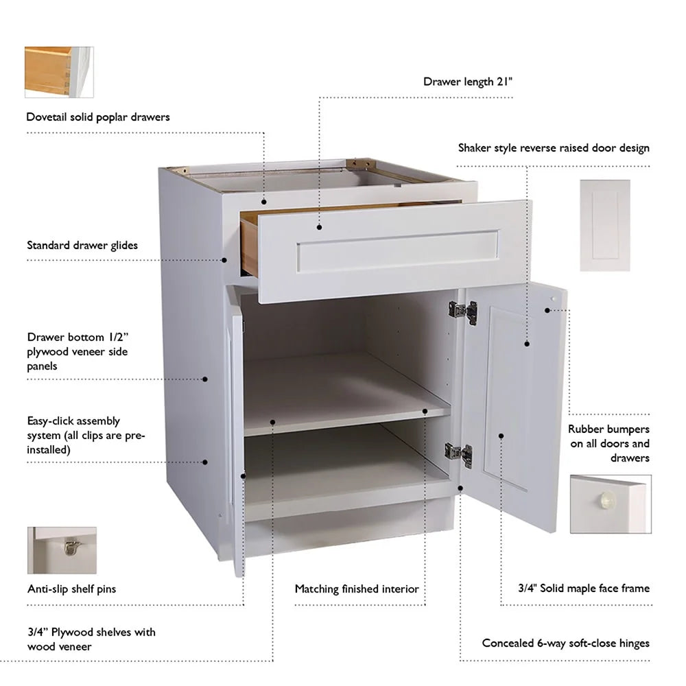 Design House Brookings Solid Wood Ready to Assemble 15"W x 24"H x 12"D Tall Shaker Wall Kitchen Cabinet, White
