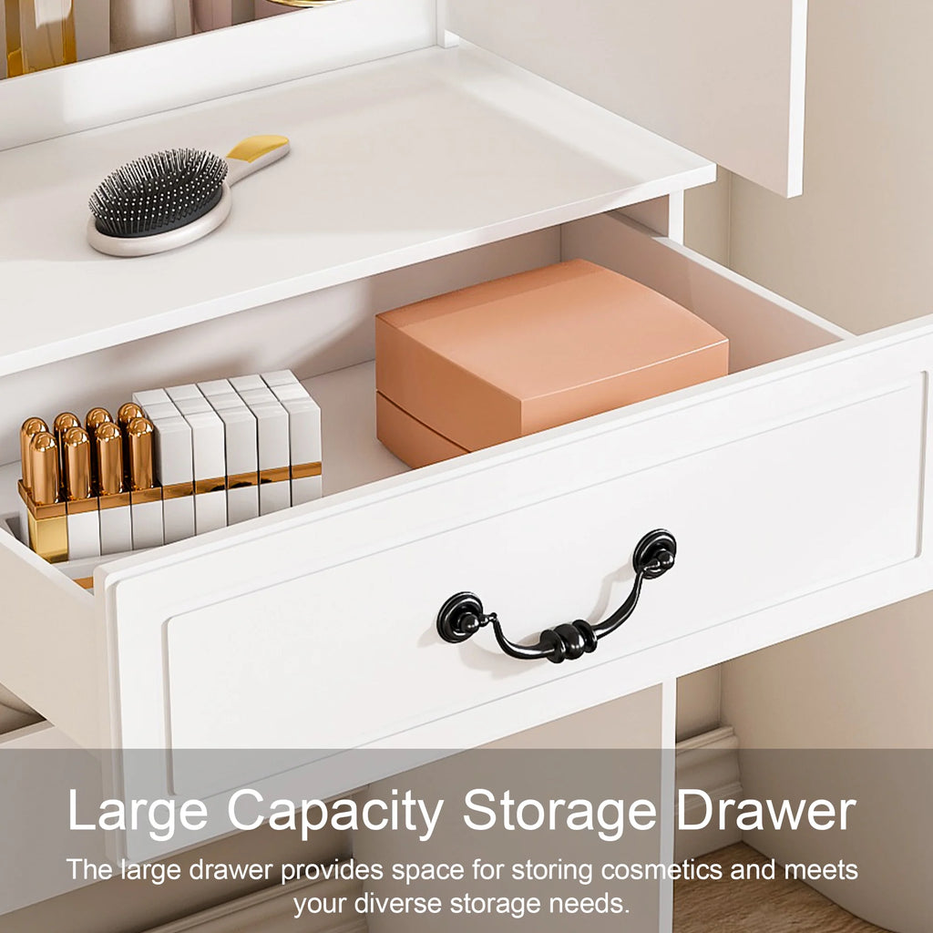 Montary Modern Mini Vanity w/Adjustable LED Mirror + Hidden Storage, Padded Stool & Dustproof Shelves (White)