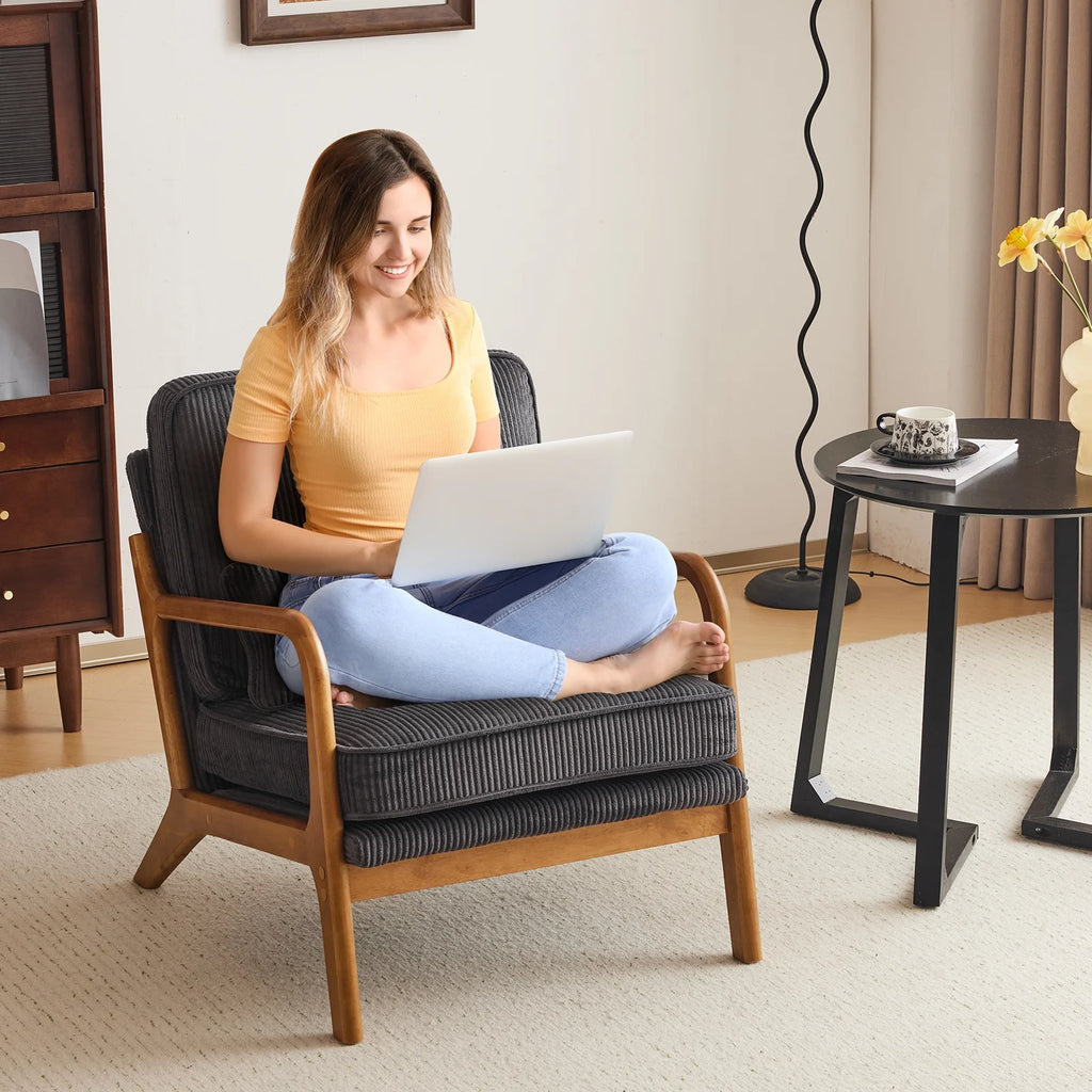 Ktaxon Accent Chair Corduroy Upholstered Armchair, Reading Club Chair with Pillow and Solid Wood Frame for Living Room Bedroom Furniture Off White