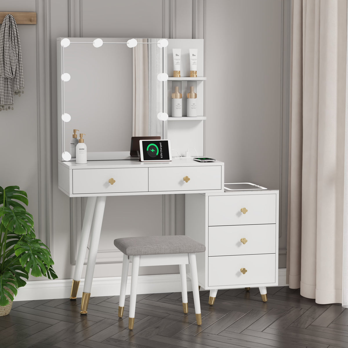 Kadyn Vanity Desk with Lighted Mirror, Vanity Table and Chair Set with 2 Drawers, Dressing Table Makeup Desk with 1 Door, Retro Gray