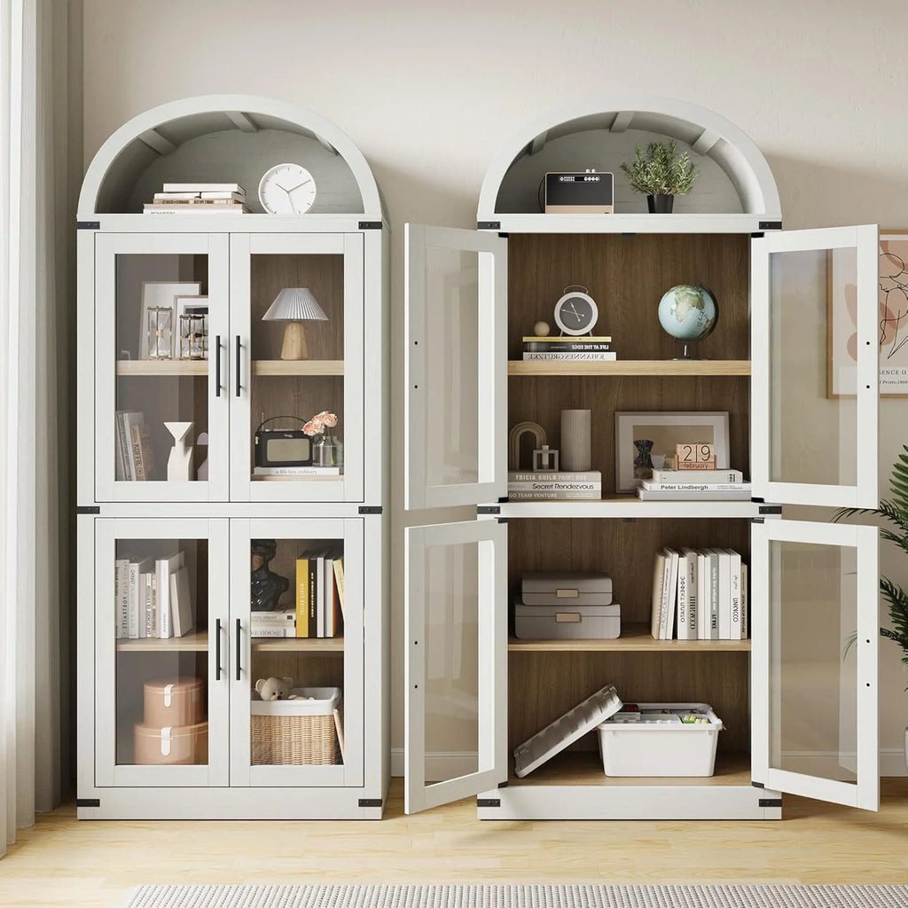 NEILA Arched Bookshelf with Doors - Glass Doors - 15.83 inches deep by 71.4 inches tall rustic ambiance premium wood display cabinet for living room, kitchen and office,Glass Door_Black