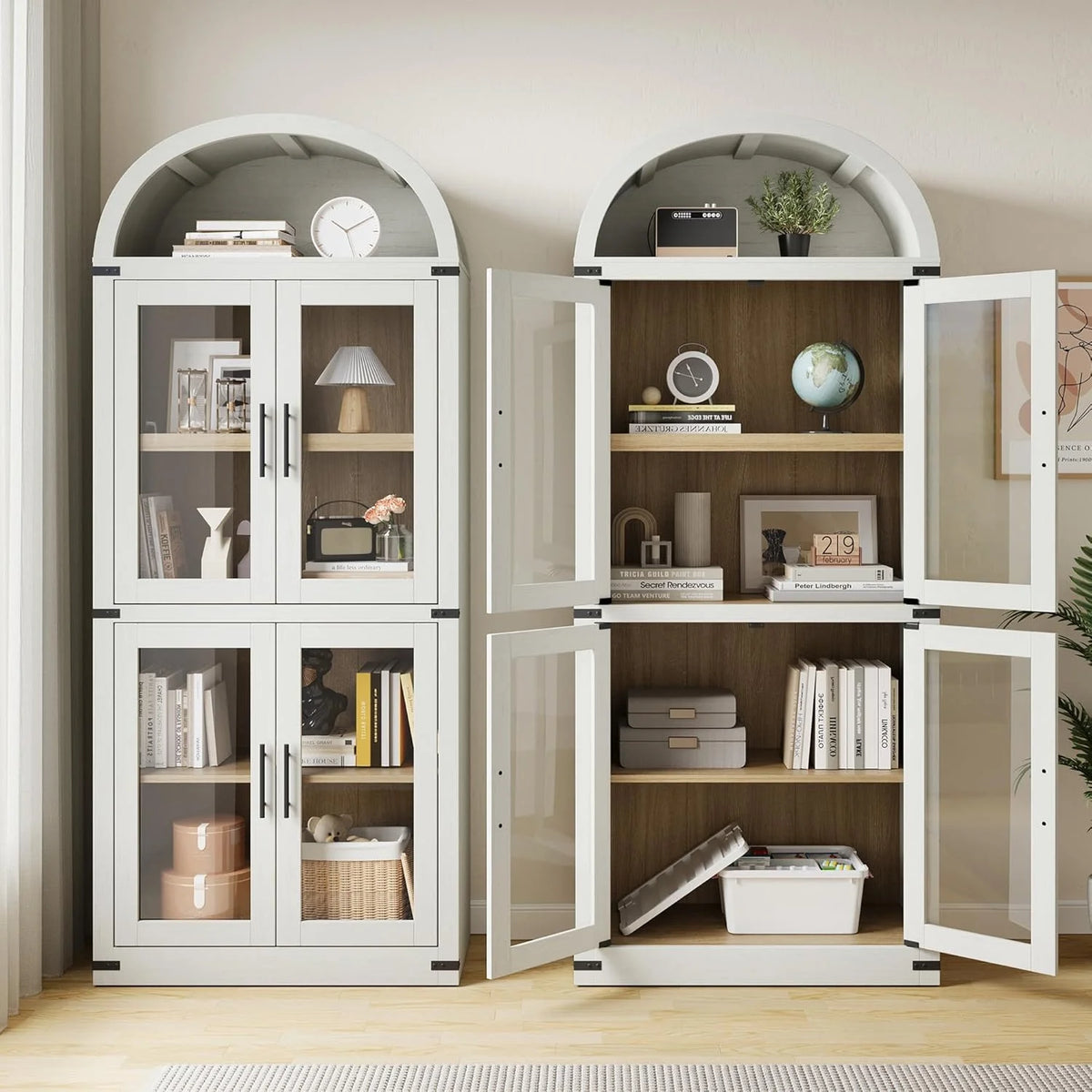 NEILA Arched Bookshelf with Doors - Glass Doors - 15.83 inches deep by 71.4 inches tall rustic ambiance premium wood display cabinet for living room, kitchen and office,Glass Door_Black