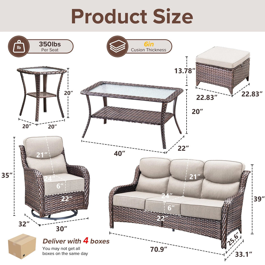 Bellefurn Luxury Outdoor Patio Furniture Set,Swivel Rocker Patio Chairs with 6-inch Thick Cushion,Patio Sofa and Glass Coffee Table,Outdoor Conversation Set for Porch, Deck, Yard