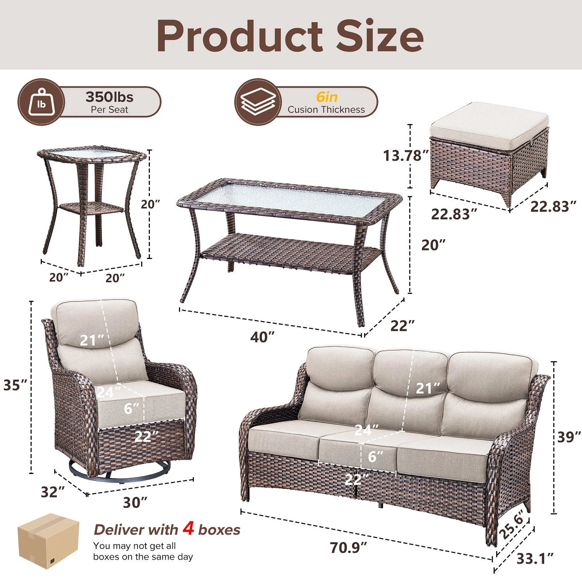 Bellefurn Luxury Outdoor Patio Furniture Set,Swivel Rocker Patio Chairs with 6-inch Thick Cushion,Patio Sofa and Glass Coffee Table,Outdoor Conversation Set for Porch, Deck, Yard