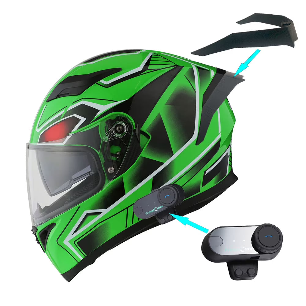 1Storm Motorcycle Modular Full Face Flip up Dual Visor Helmet + Spoiler + Motorcycle Bluetooth Headset: HJK316 Mechanic Red