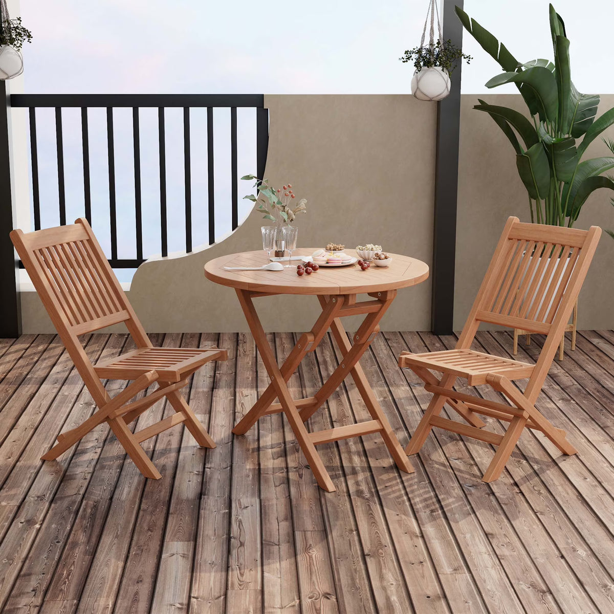 Costway 3pcs Patio Outdoor  Indonesia Teak Wood Bistro Dining Set Folding Chair & Table Slatted