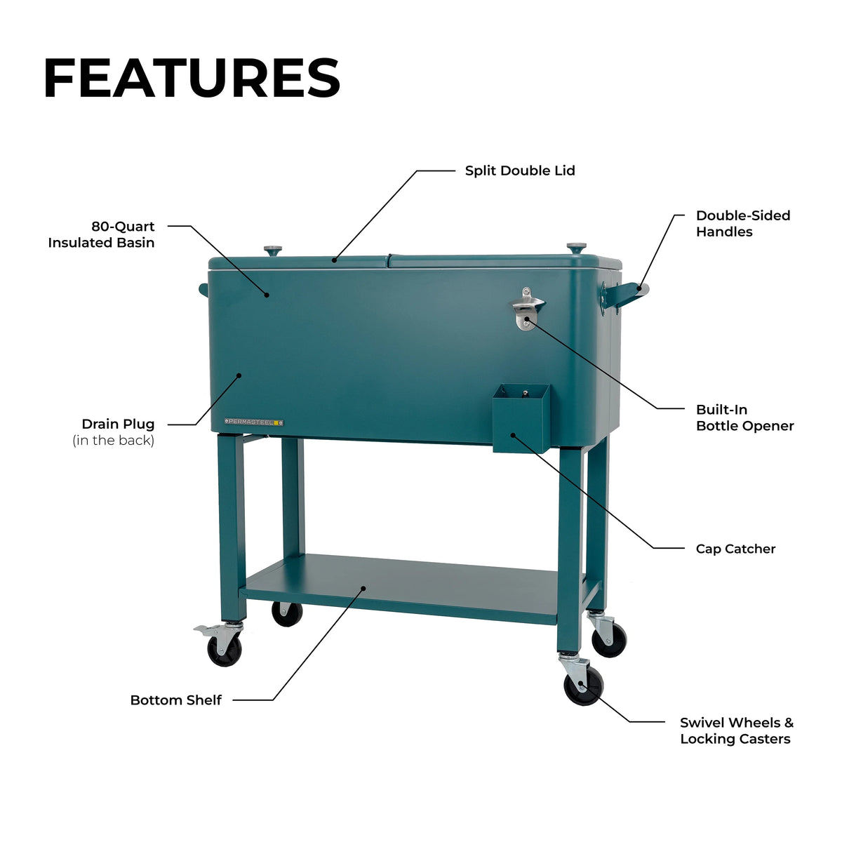 Permasteel 80-Qt Outdoor Steel Patio Cooler with Removable Basin, Rolling Cooler with Wheels, Teal Green