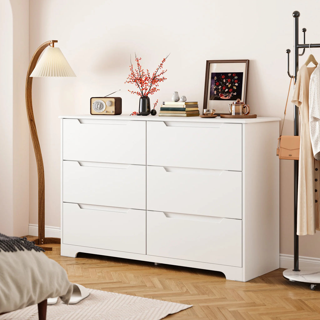 Dresser for Bedroom, Lofka 6 Drawer Double Dresser with Cutout Handles, Large Storage Capacity, Anti-Tip Safety, Modern Wood Chest of Drawers, Smooth Metal Rail, White