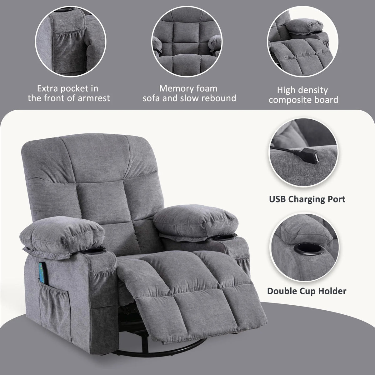 JONPONY Massage Rocker Recliner Chair, Stainless steel, Grey