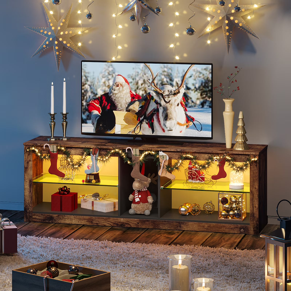 Bestier Entertainment Center with LED Lights TV Stand Media Console Table for TVs up to 60" in Light Grey
