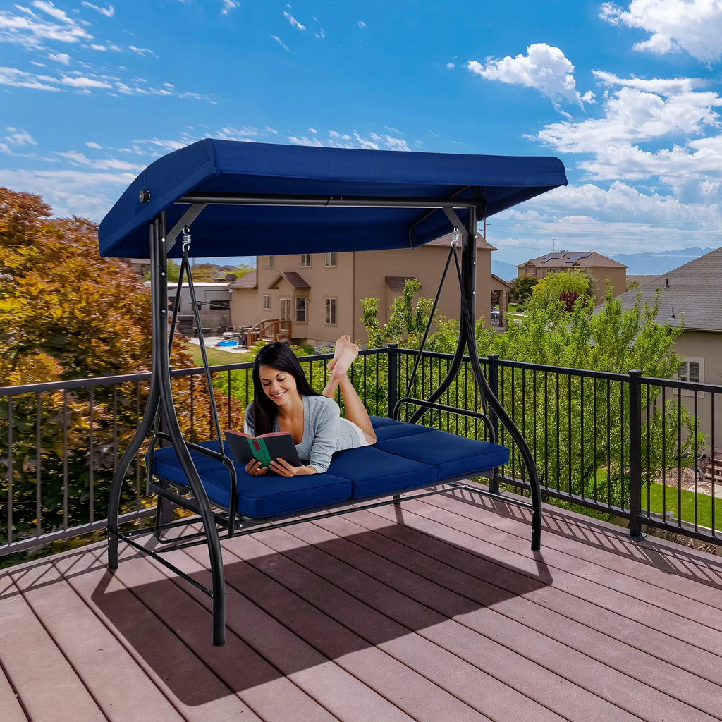 Pirecart 3 Person Patio Porch Swing Outdoor Converting Swing Glider Hammock with Adjustable Canopy, Cushions, Red