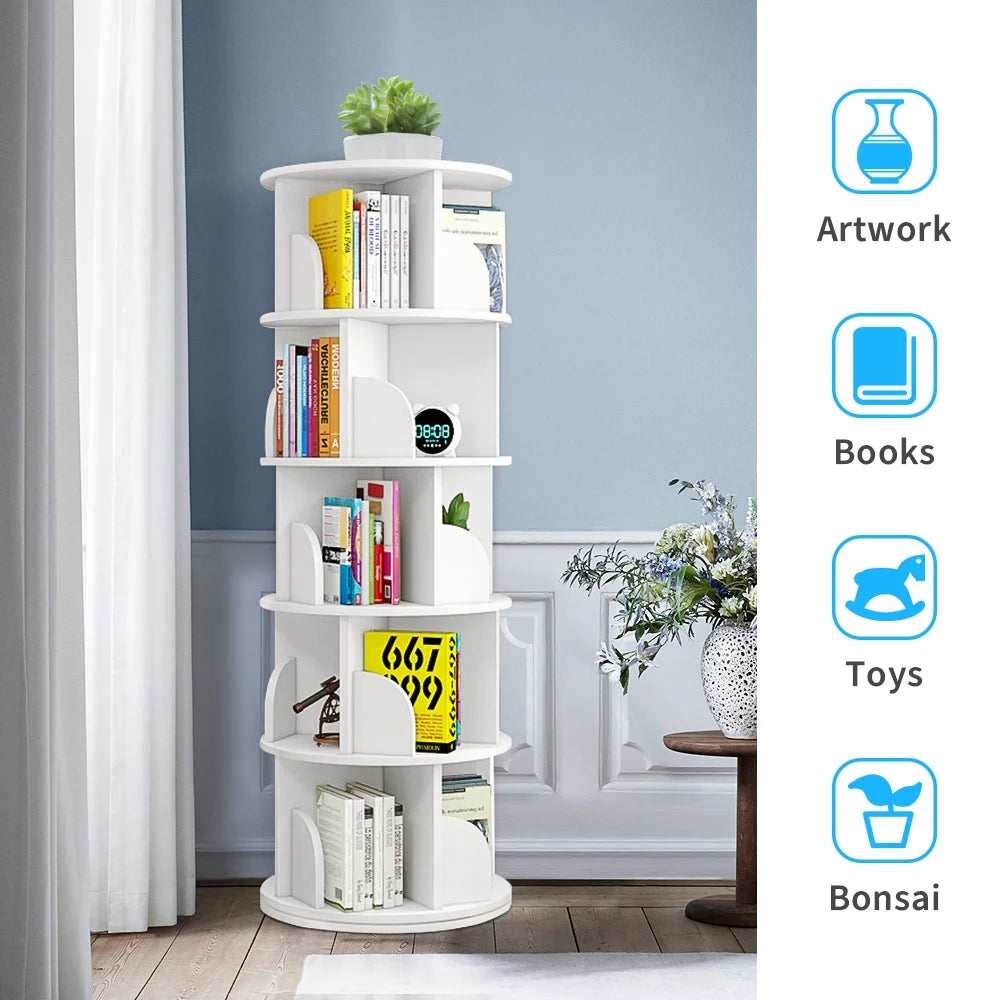 Bimiti 5 Tier Rotating Bookshelf, 360?�� Revolving Bookcase 20 Shelves Floor-Standing Storage Display Rack - White 63"x18"x18", Adult