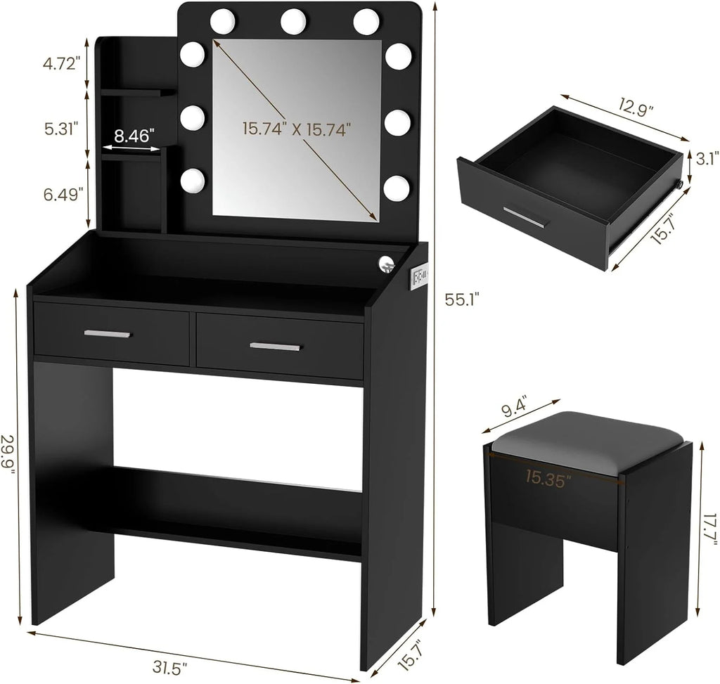 OYang Makeup Vanity with Lights, Vanity Desk with Mirror and Lights Set, Large Drawer and Two-Tier Lots Storage Cabinet, 3 Lighting Modes Adjustable Brightness