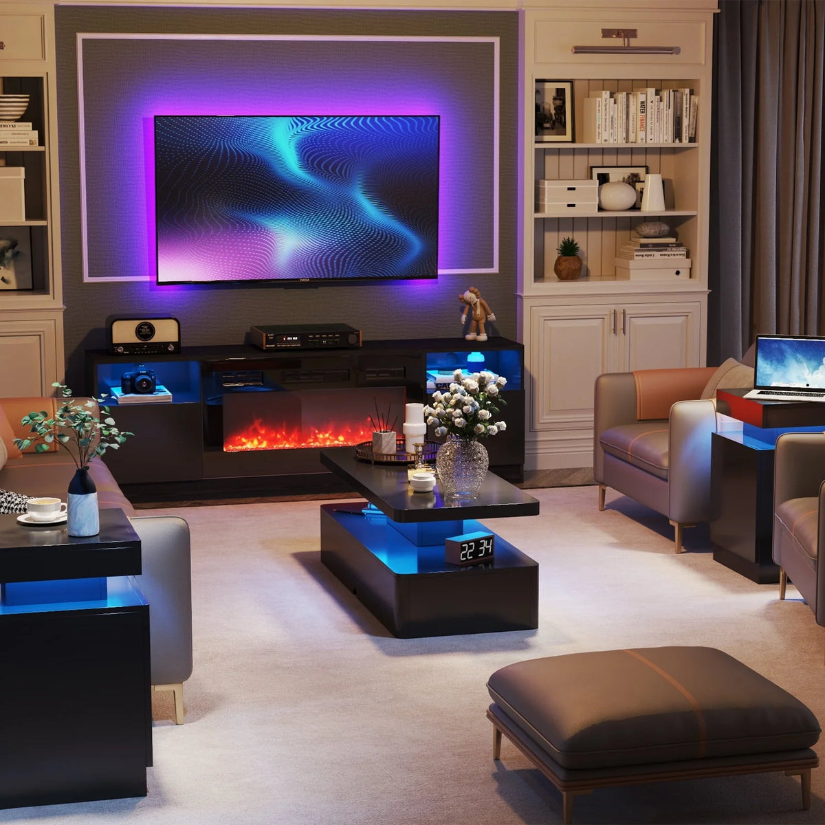 Oneinmil Modern Stylish Coffee Table with 12 Colors LED Lights, Double-Layer Design for Living Room, Black High Gloss Acrylic