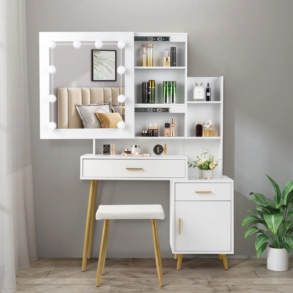 Ktaxon Lighted Makeup Vanity Table Set, Dressing Table with Sliding Mirror, Vanity Desk , White