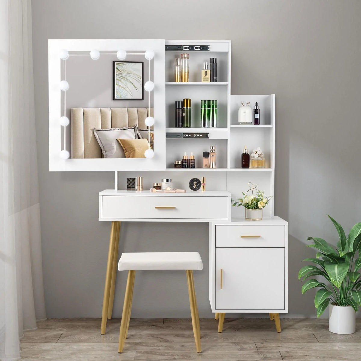 Ktaxon Lighted Makeup Vanity Table Set, Dressing Table with Sliding Mirror, Vanity Desk , White
