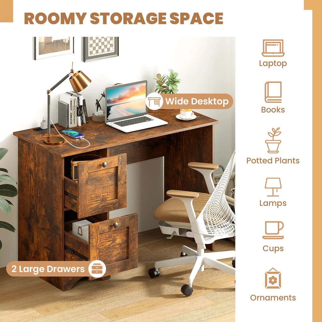Costway 43" Home Office Desk with Charging Station Compact Study Writing Desk Walnut