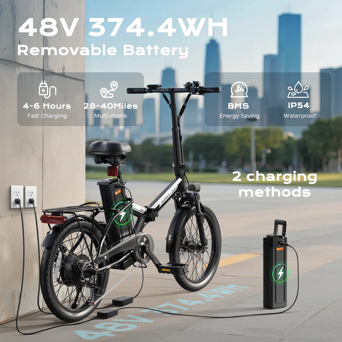 AIRWEST 20" Foldable Electric Bike for Adults, Compact Commuter eBike with 500W Motor 750W Peak, Removable 48V 7.8Ah Battery, 50 Miles PAS Range, 20MPH, UL Certified Folding Electric Bicycle