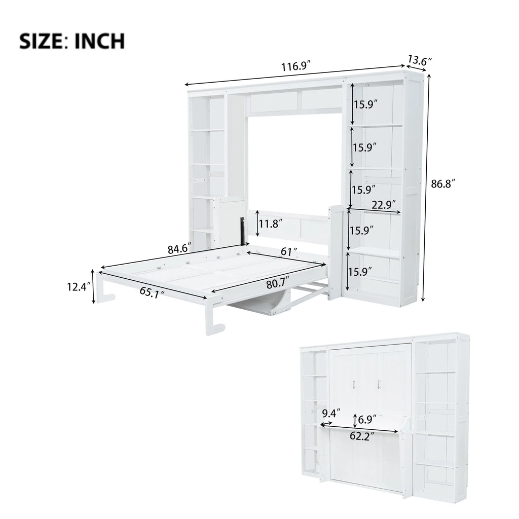 Queen Size Murphy Bed with Desk and Bookshelf(White)