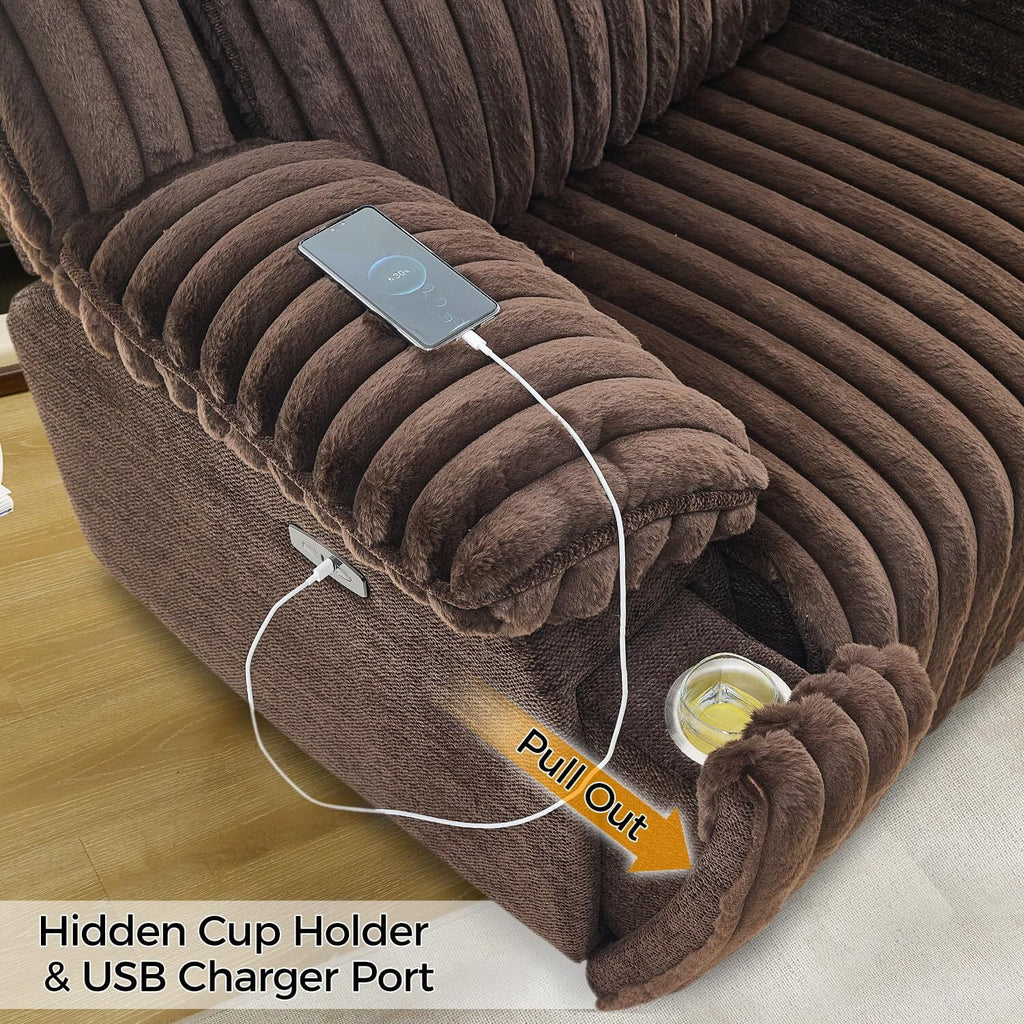 Power Reclining Sectional Sofa with Wireless Charger,6-Seater Faux Fur Sectional with Recliners,Hidden Cup Holders,Storage Console,USB & Type-C Ports,Black