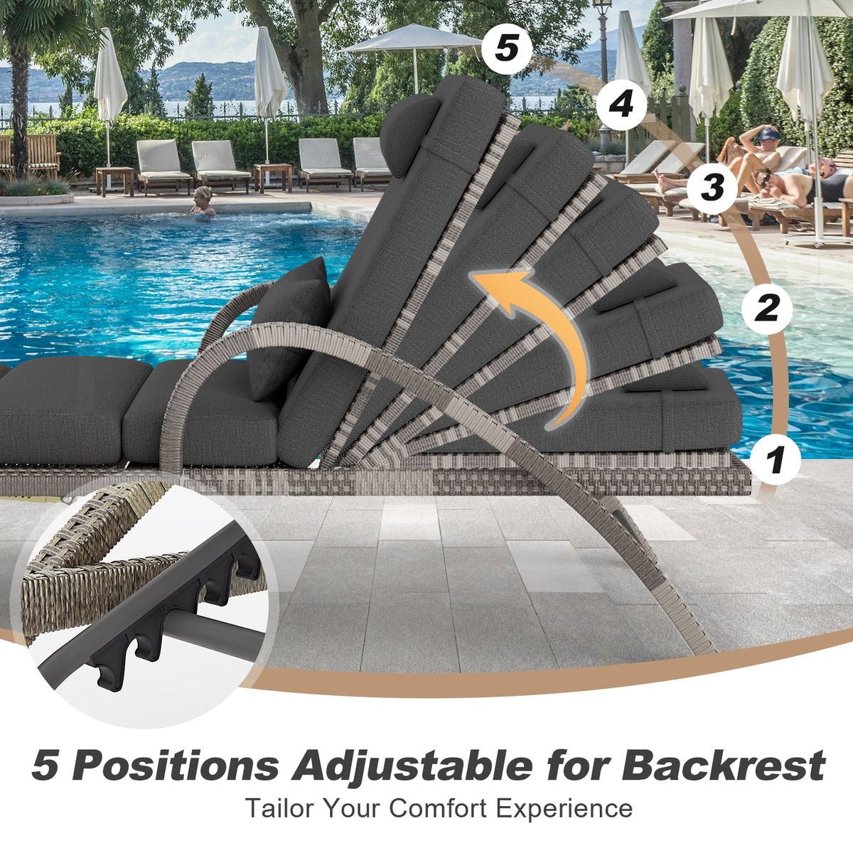 MEISSALIVVE 4-Piece Outdoor Lounge Chairs, Pool Chairs with Adjustable 5 Position Backrest , PE Rattan Chaise for Backyard Porch Deck (Gray)
