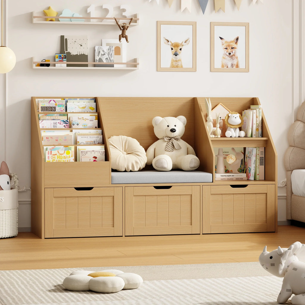 Homfa Kids Bookshelf with Reading Nook & 3 Movable Drawers, 2 Cube Bookcase with 4-Tier Book Racks, Toy Storage Organizer for Playroom Bedroom, White