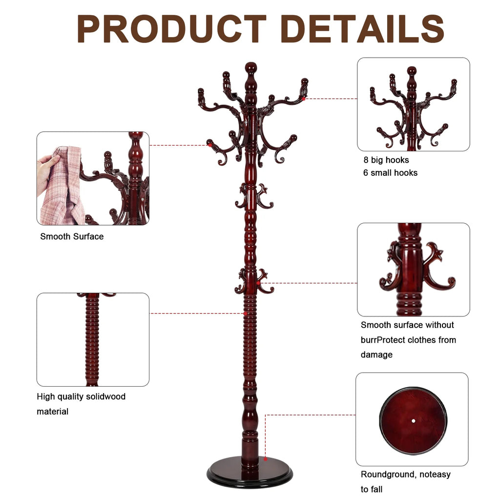 Coat Rack Freestanding, Hall Tree with 11 Hooks, Heavy Duty Wooden Coat Tree Stand, Adjustable Height, Sturdy Base for Bedroom Hallway Office - Load 270lbs