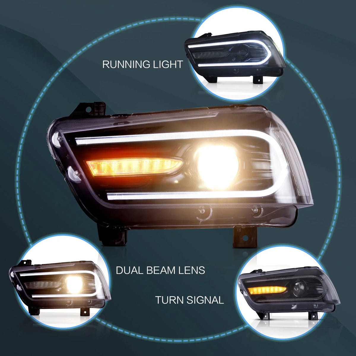 VLAND for Dodge Charger 2011 2012 2013 2014 Dual Beam Projector Headlights Replacement Assembly
