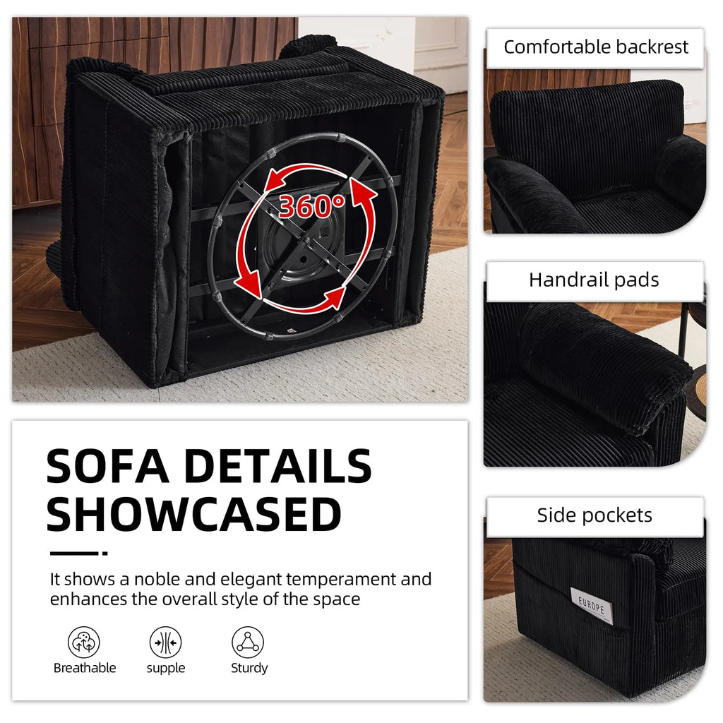 FFH 33" Oversized Swivel Accent Chair,Armchair with Side Pocket,Upholstered Corduroy Lounge Chaise Chair,Barrel Chairs,Comfy Single Sofa Chair for Living Room Reading Bedroom Office,Black
