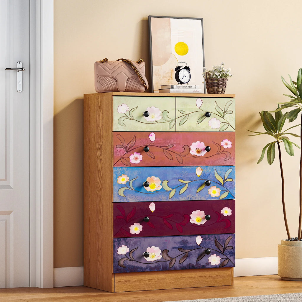 Ktaxon Wood 6-Drawer Dresser Organizer for Bedroom Storage Tower for Entryway Hallway Closet, Tall Chest Organizer Unit with Wood Bins, Floral Painted Wooden