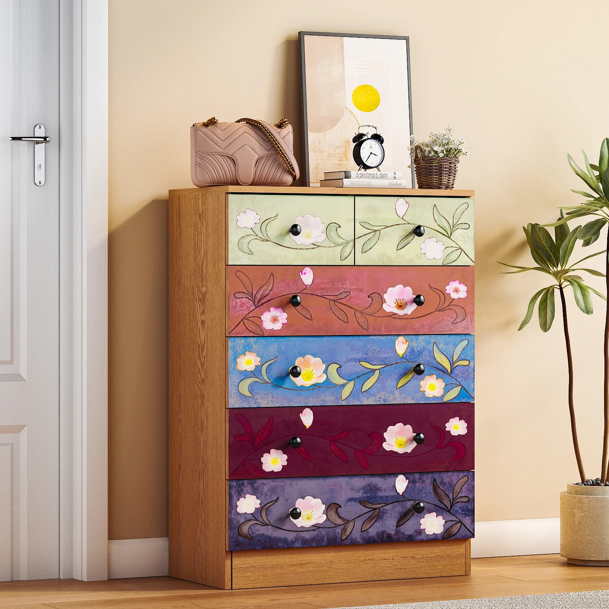 Ktaxon Wood 6-Drawer Dresser Organizer for Bedroom Storage Tower for Entryway Hallway Closet, Tall Chest Organizer Unit with Wood Bins, Floral Painted Wooden