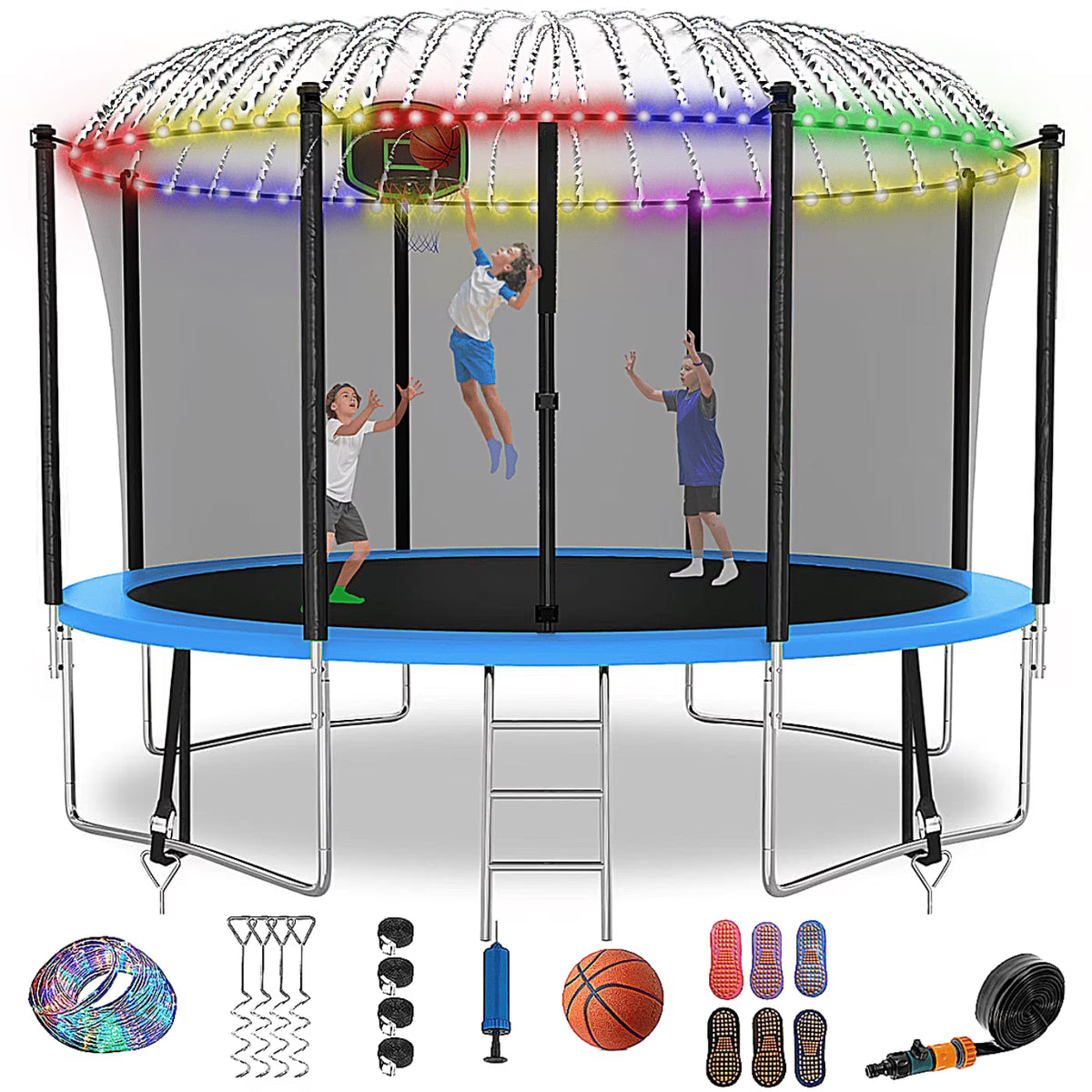 Fiziti Trampoline with Basketball Hoop & Enclosure, 2000lbs 12FT 14FT 16FT Trampoline for 6-8 Kids and Adults, Outdoor Backyard Trampoline with Light,Hose,Ladder, Socks