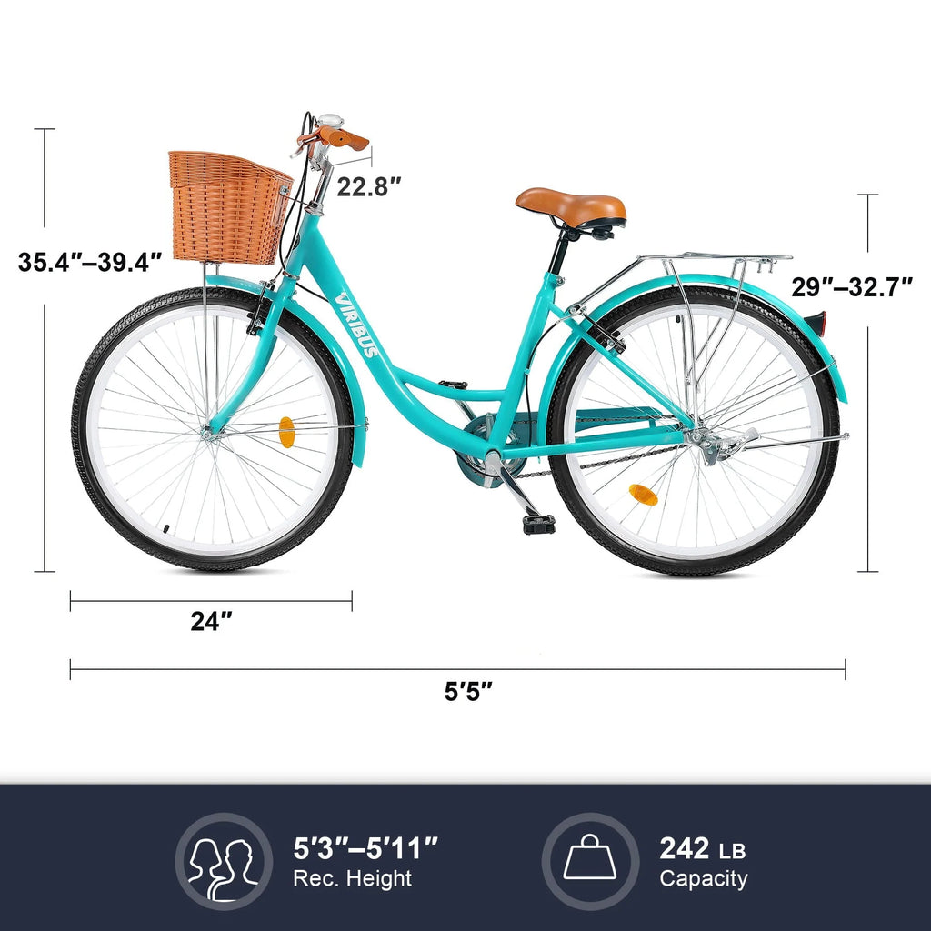 Viribus Women's Comfort Bike 24 Inch Hybrid Bike with Carbon Steel Frame V Brakes Teal