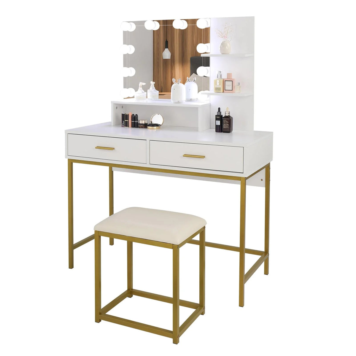 Ktaxon Lighted Makeup Vanity, White Vanity Table Set with 2 Drawer and Charging Station, Femal Gift