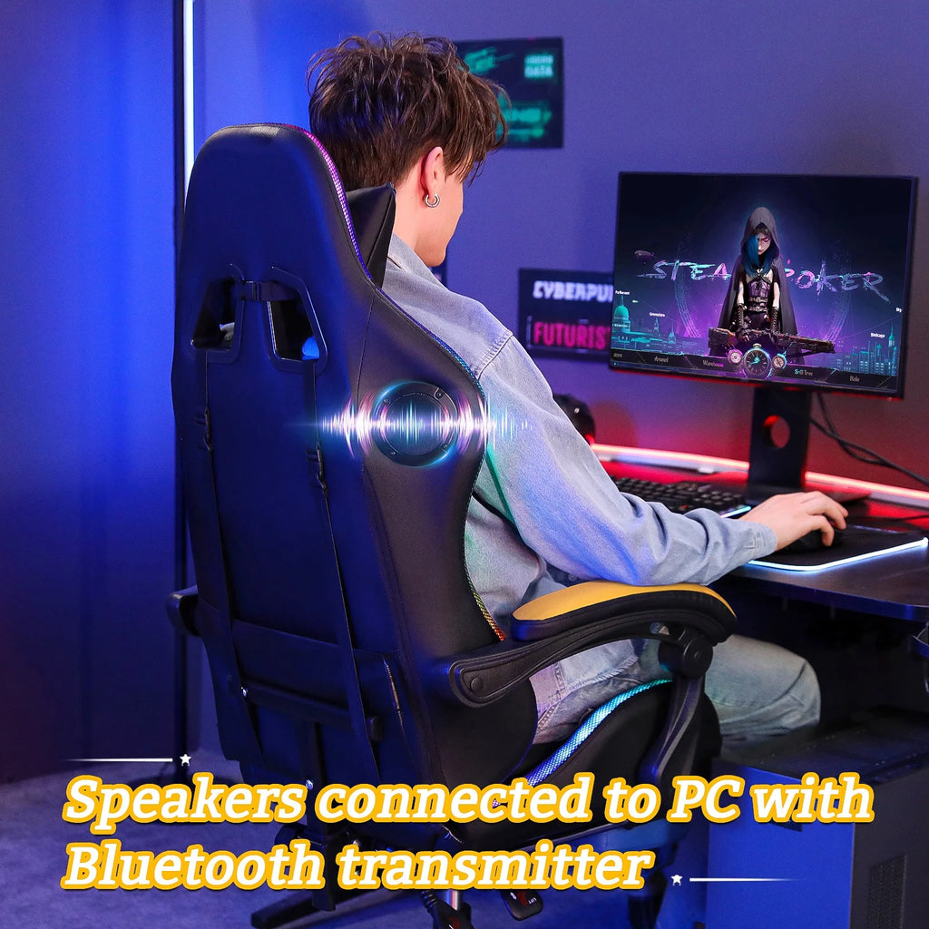 Hoffree Gaming Chair with Bluetooth Speakers and Footrest Massage Office Chair with LED Lights Ergonomic Game Chair High Back with Lumbar Support and Headrest Adjustable Swivel for Adults 300lb