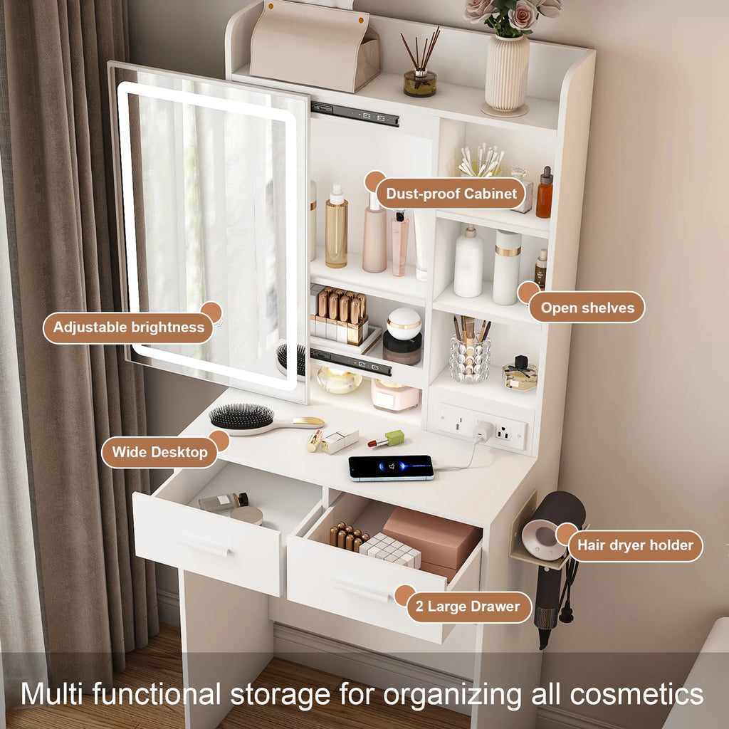 Montary Modern Mini Vanity w/Adjustable LED Mirror + Hidden Storage, Padded Stool & Dustproof Shelves (White)