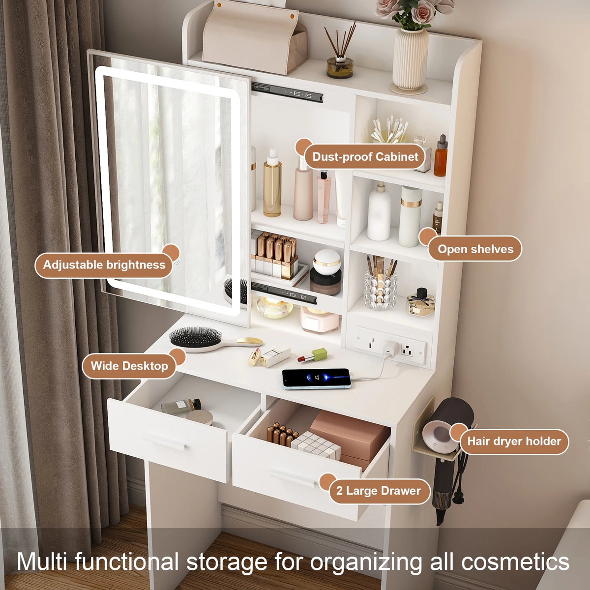 Montary Modern Mini Vanity w/Adjustable LED Mirror + Hidden Storage, Padded Stool & Dustproof Shelves (White)