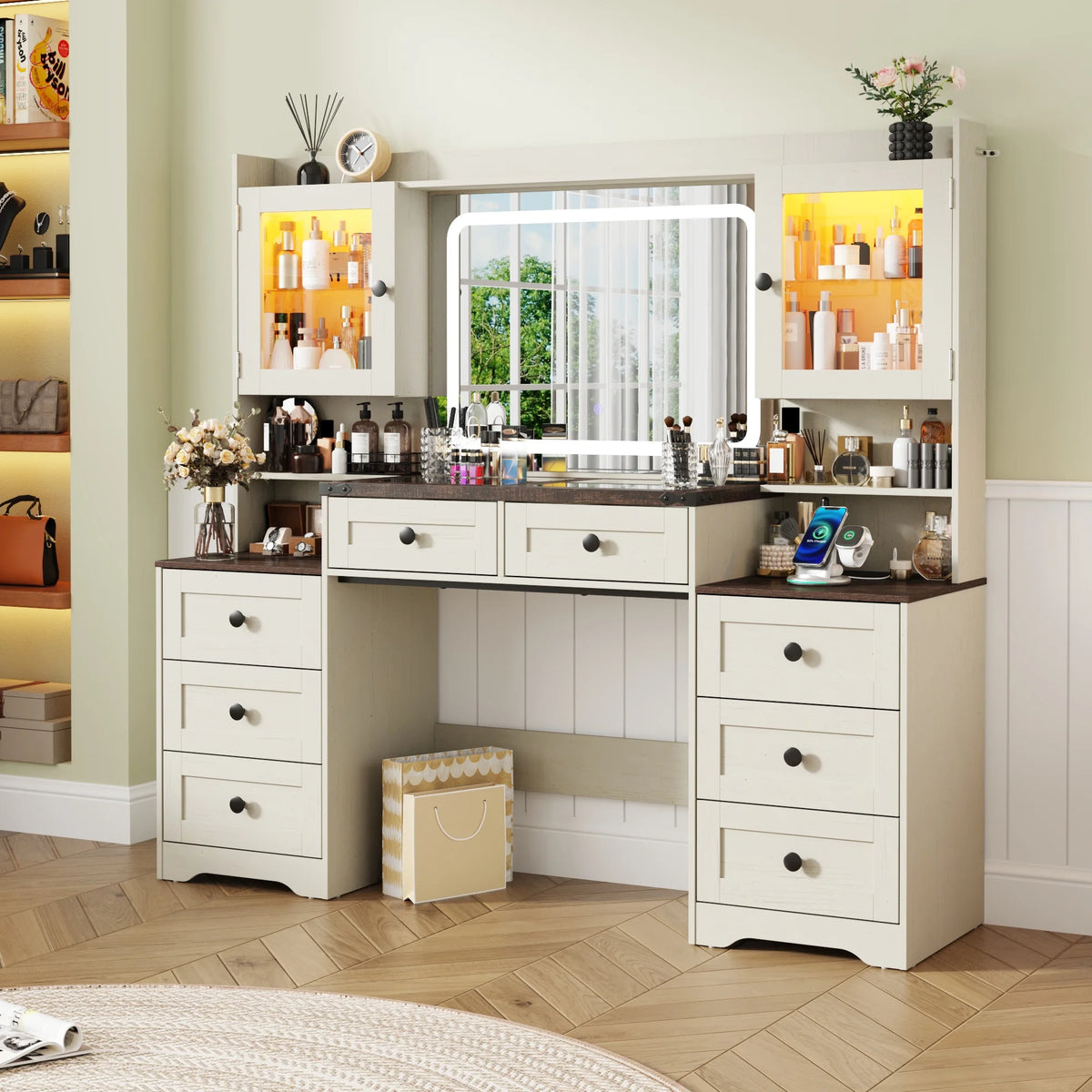 ANPOO 60" Farmhouse Vanity Desk with Outlet, Mirror Lights, Tempered Glass Top, Big Makeup Vanity Table with 2 RGB Glass Cabinets, 60000-color LED Lights, Wood Makeup Desk for Women, Girls, Brown