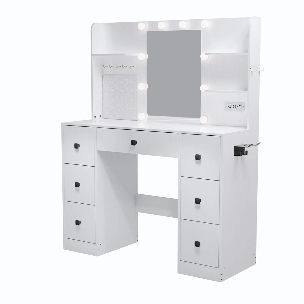 Cottinch Vanity Desk 3 Color Lighted Mirror,Makeup Dressing Table with 4 Drawers and Storage Shelves,2 Outlets,2 USB Ports,White