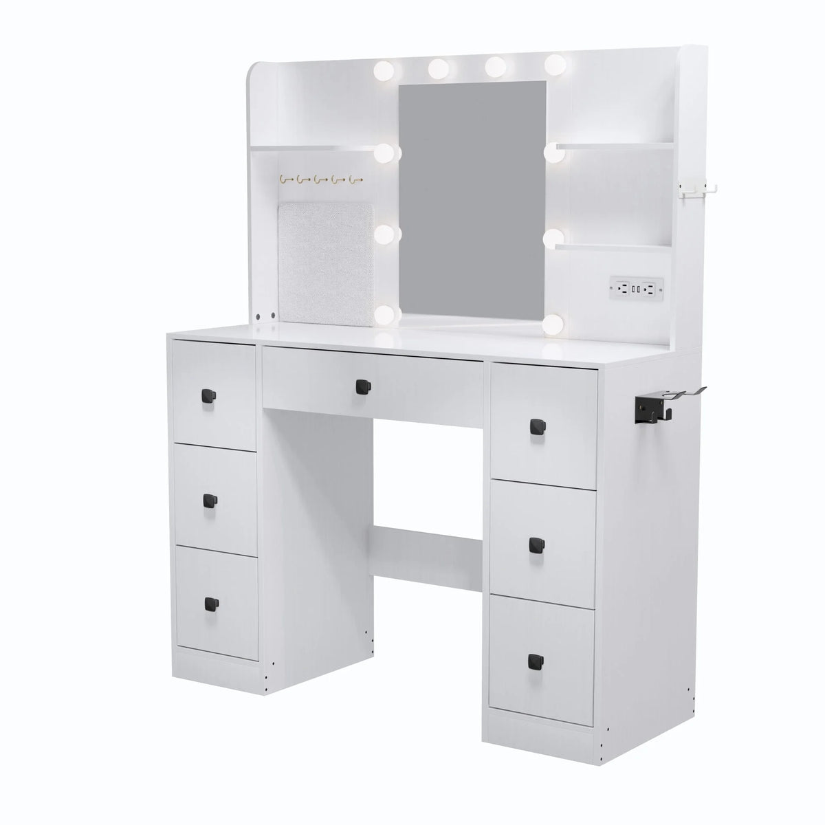 Cottinch Vanity Desk 3 Color Lighted Mirror,Makeup Dressing Table with 4 Drawers and Storage Shelves,2 Outlets,2 USB Ports,White