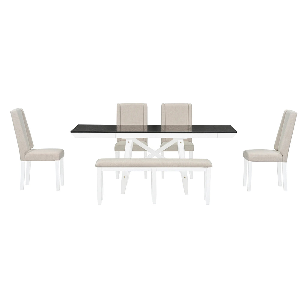 6 Piece Extendable Dining Table Set, Atumon Wood Dining Room Set for 6, Dining Table Set with 4 Beige Cushioned Chairs and Bench, Farmhouse Dining Table Set Furniture for Kitchen Dining Room, Natural
