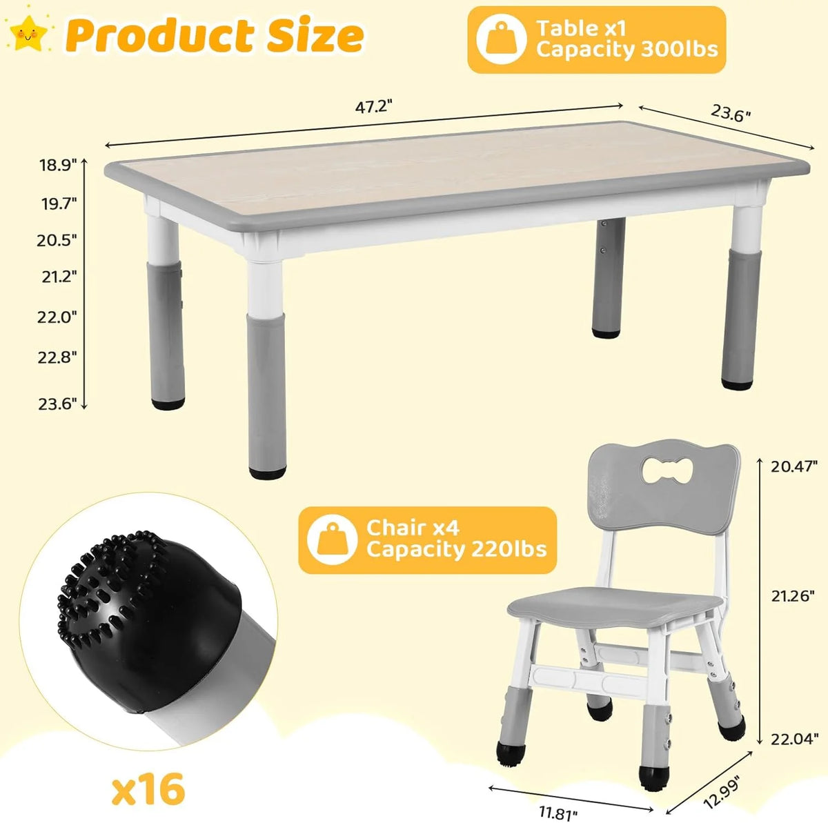 LAZY BUDDY Kids Table and 4 Chairs Set, Height Adjustable Toddler Desk with Graffiti Desktop, Kids Activity Table Set for Daycare, Home
